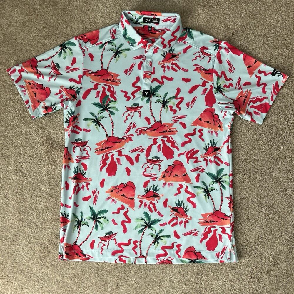 Bad Birdie Polo Shirt Mens Medium Blue Boat Island Tropical Golf Stretch Preppy